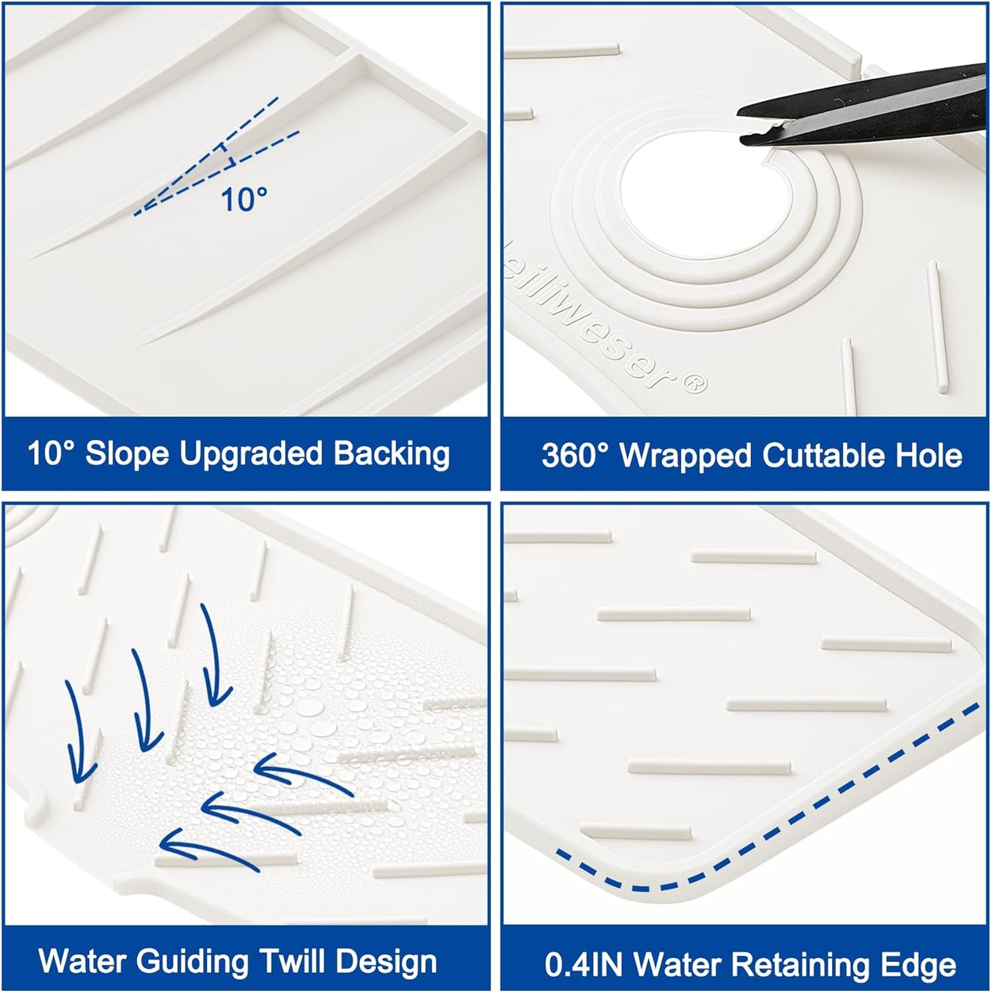 Meiliweser Faucet Mat for Kitchen Sink – 24” x 5.1” Extra-Long Silicone Splash Guard with 10° Slope & Upgraded Drainage – Gen 3 Sink Water Catcher & Sponge Holder for Kitchen, Bathroom (White)