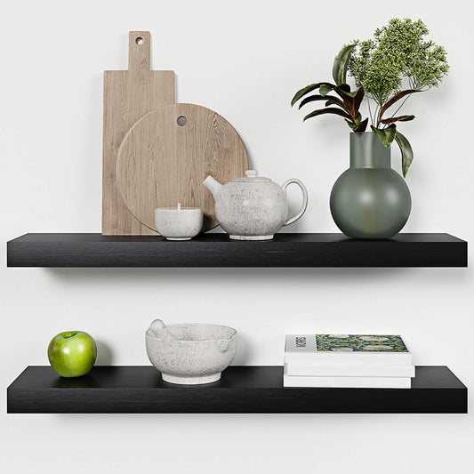 Homeforia Black Floating Shelves 30 inches Long, High End Solid Real Wood 30 inch Floating Shelf for Wall Mounted, Black Wooden 30in Floating Shelves, Heavy Duty Bracket, 30 X 6.5 X 1.75 in, Set of 3