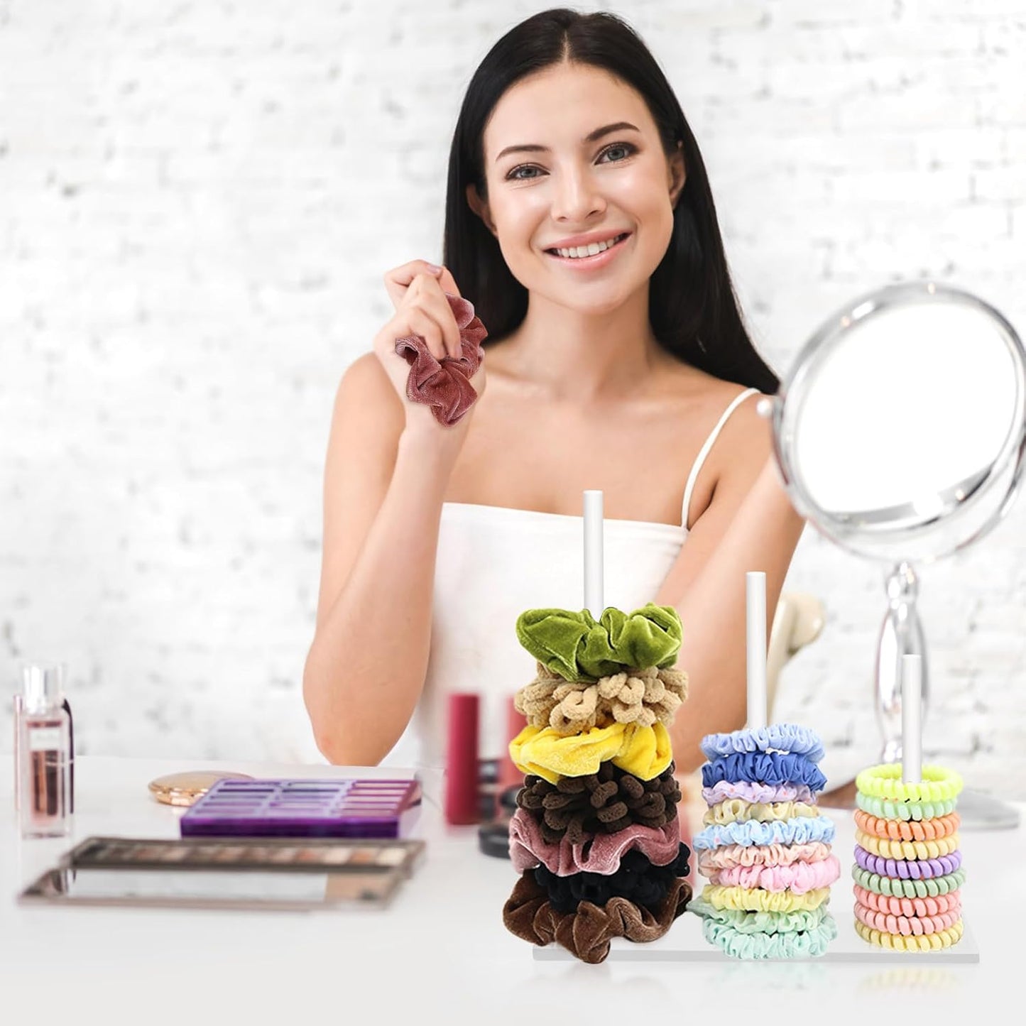 SMUK 2Packs 3-Tiers Acrylic Scrunchie Holder Organizer, White Hair Tie Holder Stand for Women Teen Girls Scrunchie Storage Scrunchy Hair Accessories Organizer