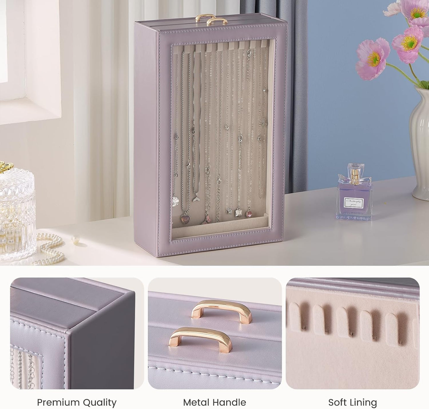 Lolalet Necklace Organizer Box, 2-Layer Jewelry Storage Boxes with Clear Lid for Necklaces, Tangle-Free Necklace Display Case for Women Girls -Dusty Purple