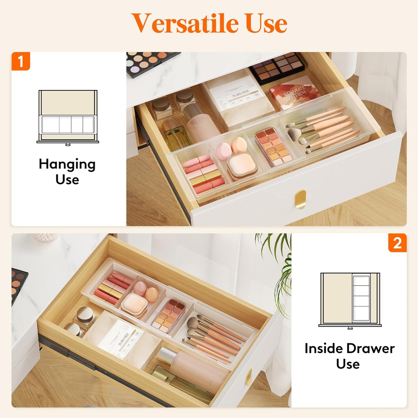 Lifewit 3 Pack Sliding Makeup Drawer Organizer Trays with Inserts, Extendable Hanging Desk Drawer Divider, 14-23" Long/1.8" High Plastic Organizer Tray in Vanity/Bathroom/Office/Kitchen, Translucent
