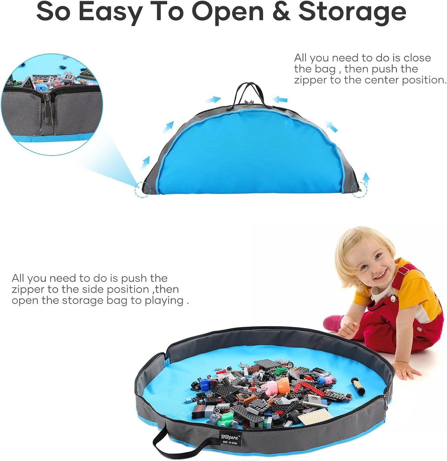 Toy Storage Bag and Play Mat for Building Bricks & Blocks - Portable Zipper Toy Storage Bag - Designed for Kids entertainment and toy storage to keep the room neat & tidy - Blue