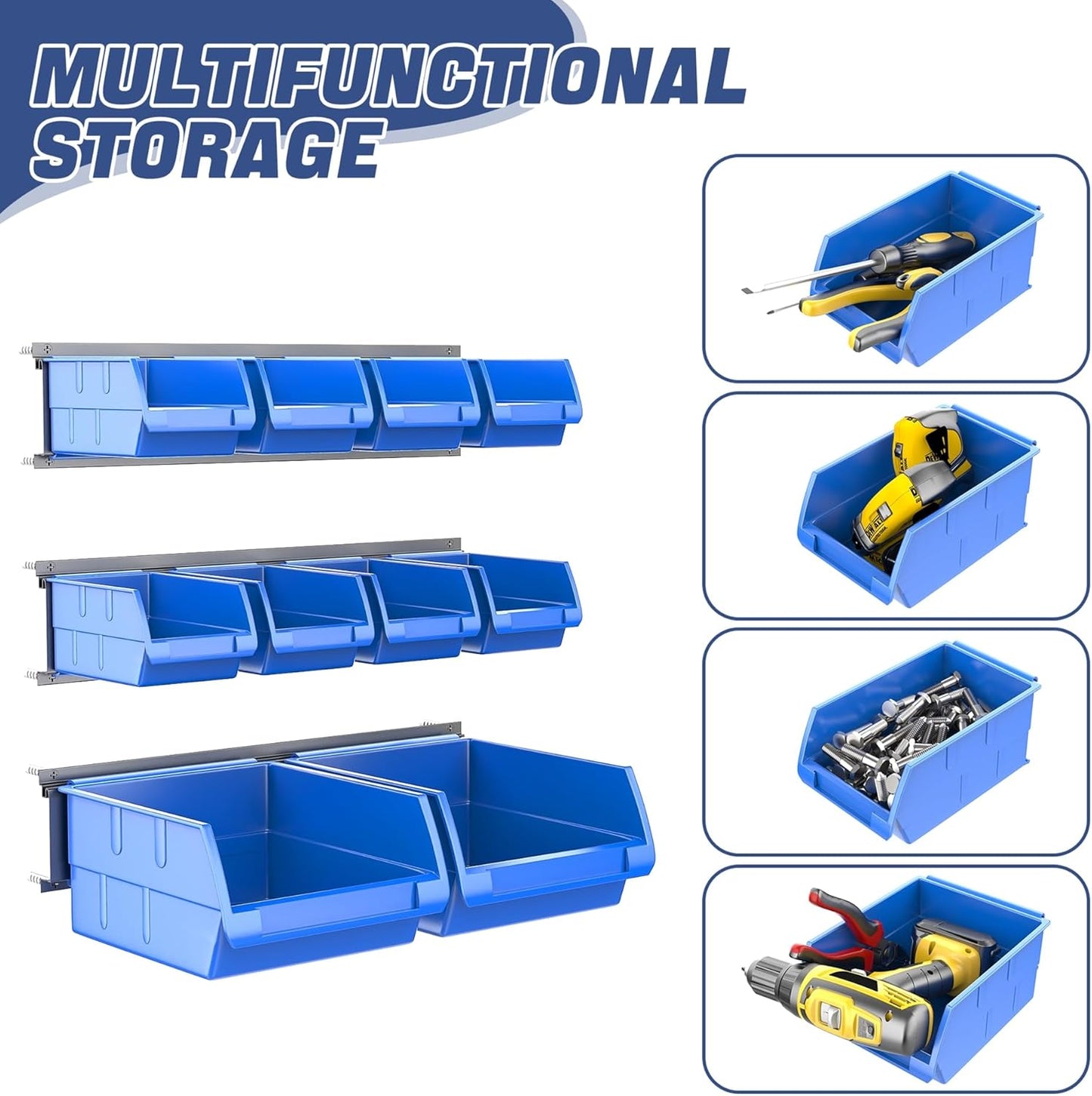 WALMANN Wall Mounted Storage Bins for Small Parts, 10 Bins with 3 Metal Rails, Plastic Wall Bins for Screws, Bolts, Nuts, Craft Room, Workshop, and Garage Storage Bins(Blue)