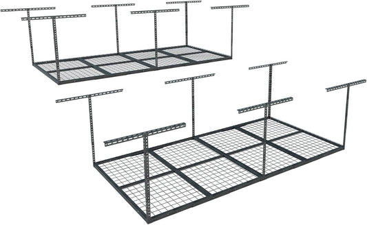 FLEXIMOUNTS 4x8 Overhead Garage Storage Rack, Adjustable Organization System, Heavy-Duty Metal Ceiling Racks, 2 Pack, Hammertone, Classic Series
