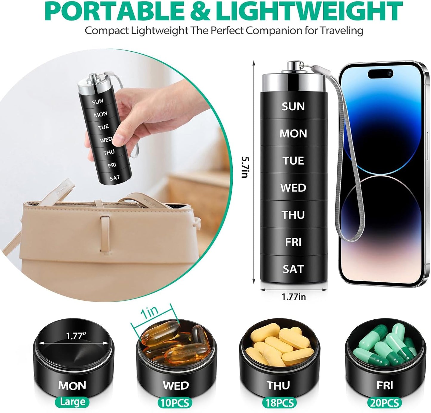 Metal Travel Pill Organizer, Large Weekly Pill Box, Portable Aluminum Alloy Waterproof Container, 7 Day Daily Medicine Organizer Holder for Vitamin, Fish Oil, Supplement, Black