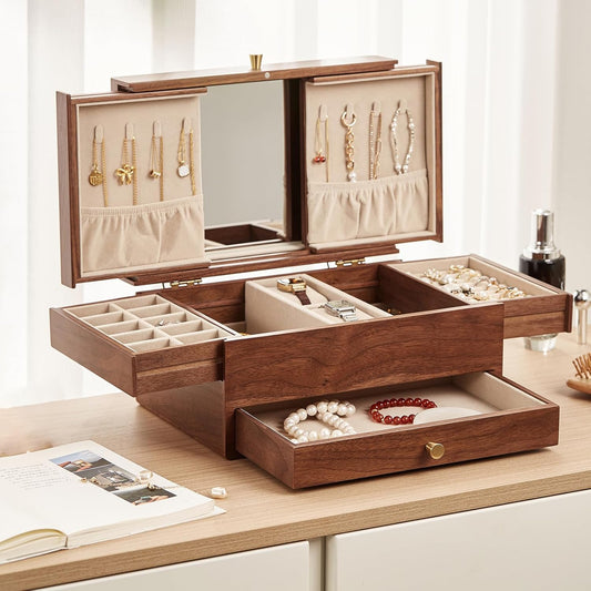 CHOSIN Black Walnut Wooden Jewelry Box for Women, 3 Level Multi-functional Drawer Organizer Box Watch Necklace Ring Earring Storage