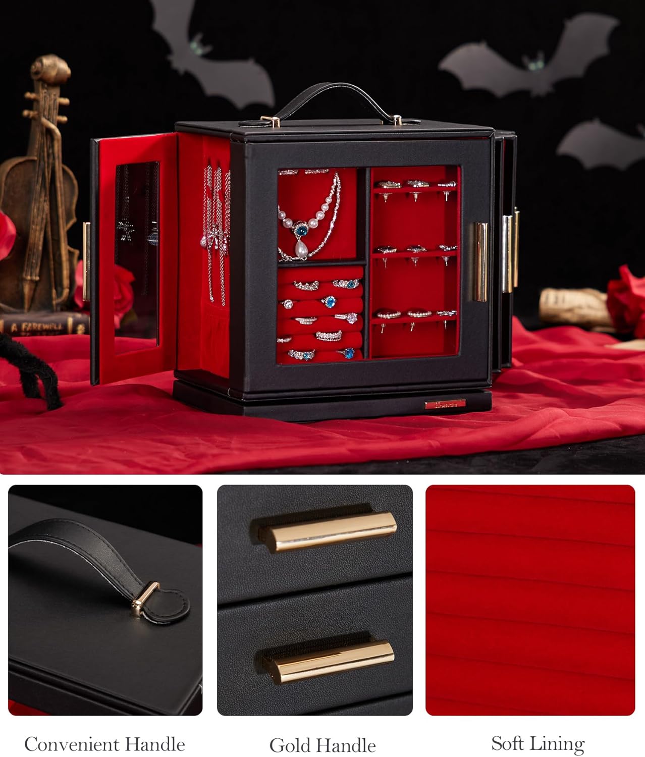 Homde Christmas Gifts Jewelry Box 360° Rotating, Necklace Earring Organizer with Transparent Window, Mirror, 7 Drawers, Large Ring Display Storage Case for Girls Women (Black + Red)