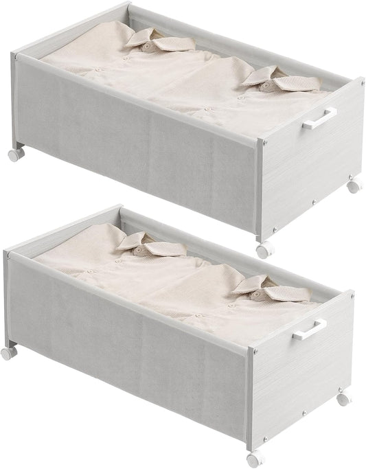 Under Bed Storage with Wheels, Wooden Under Bed Drawers On Wheels, Rolling Under Bed Shoe Storage, Space Saving,White,Quadruple Size,90L