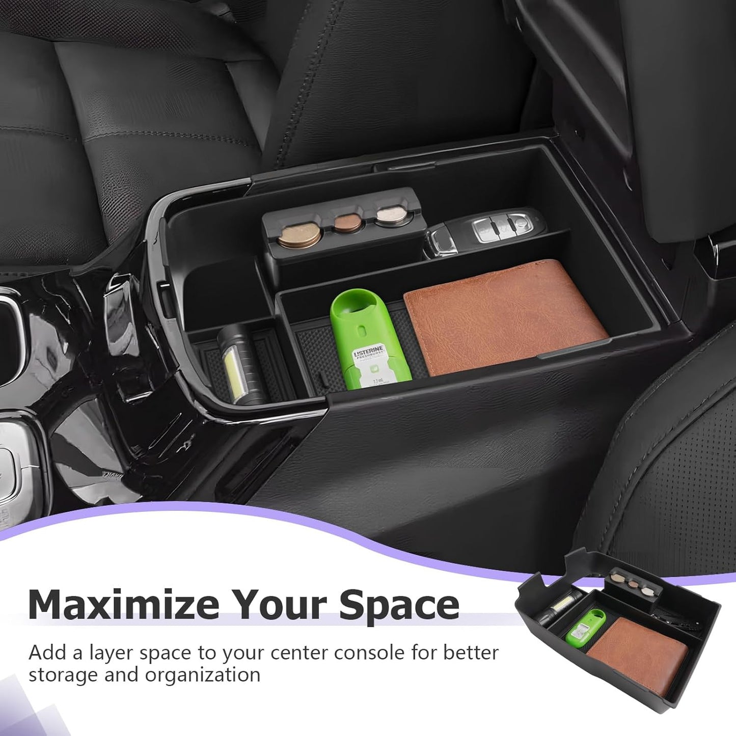 LUWU 2025 Telluride Center Console Organizer for 2020 2021 2022 2023 2024 2025 Telluride Accessories Armrest Console Storage Box Insert Tray with Coin Box ABS Material Black