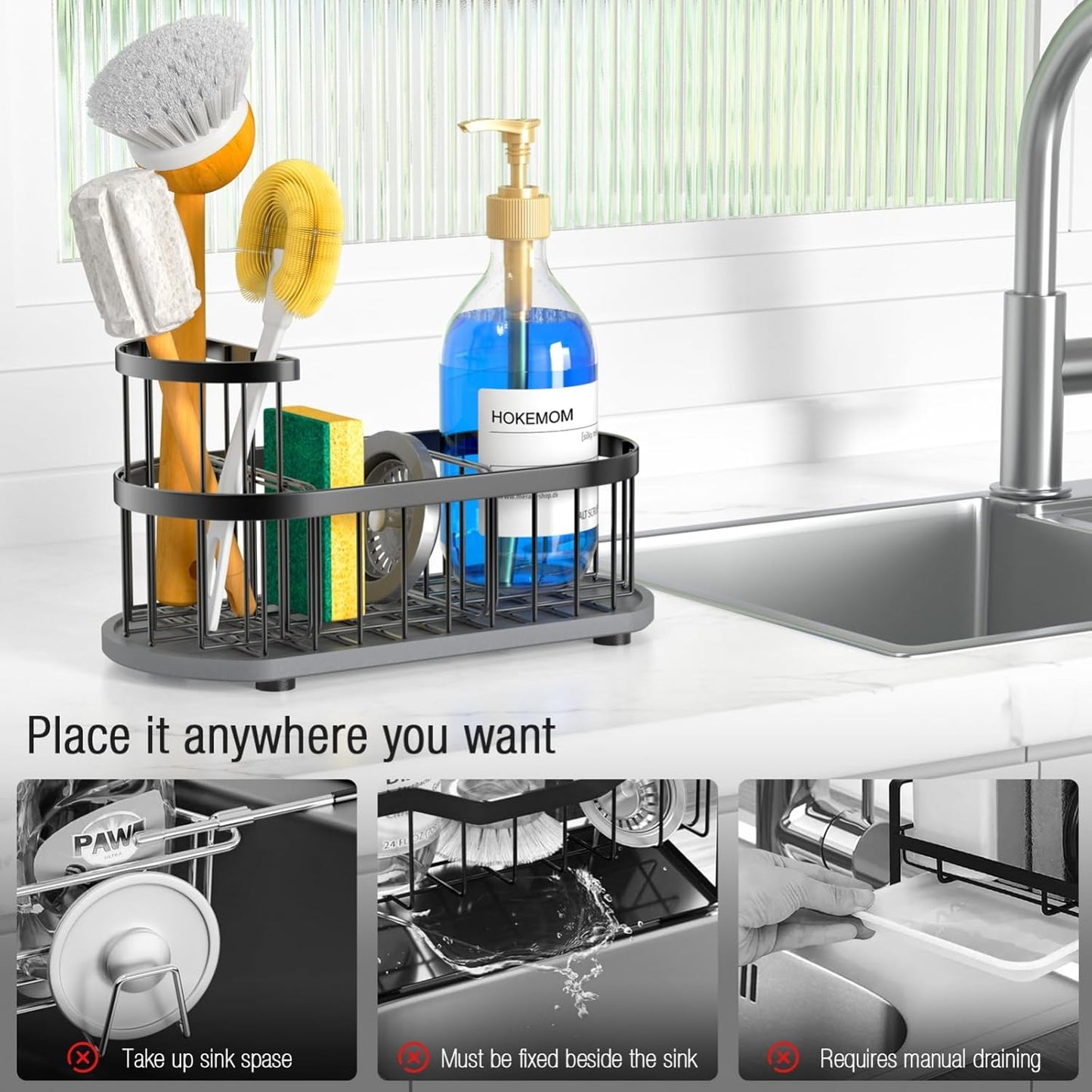 Kitchen Sink Organizer with Sponge Holder & Brush Holder - Drain-Free Non-Slip Base, 2.6mm Stainless Steel with Black Rust-Resistant Coating - Easy Install & Clean Kitchen Sink Caddy