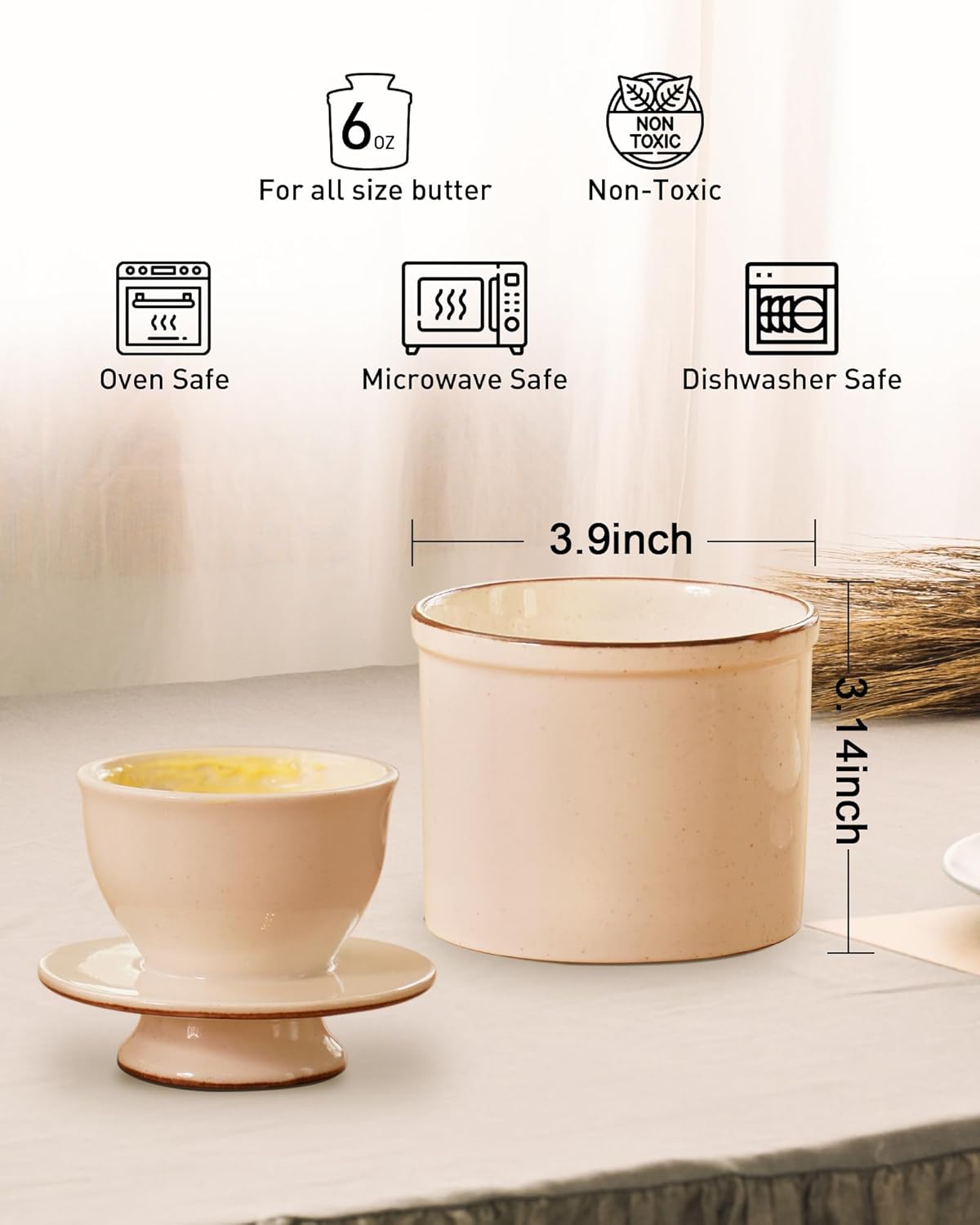 French Butter Dish, Butter Crock for Counter with Water Line, Ceramic Butter Keeper for Spreadable Butter - Chrismas Gift Home Kitchen Decor - Reactive Glaze Collection - White
