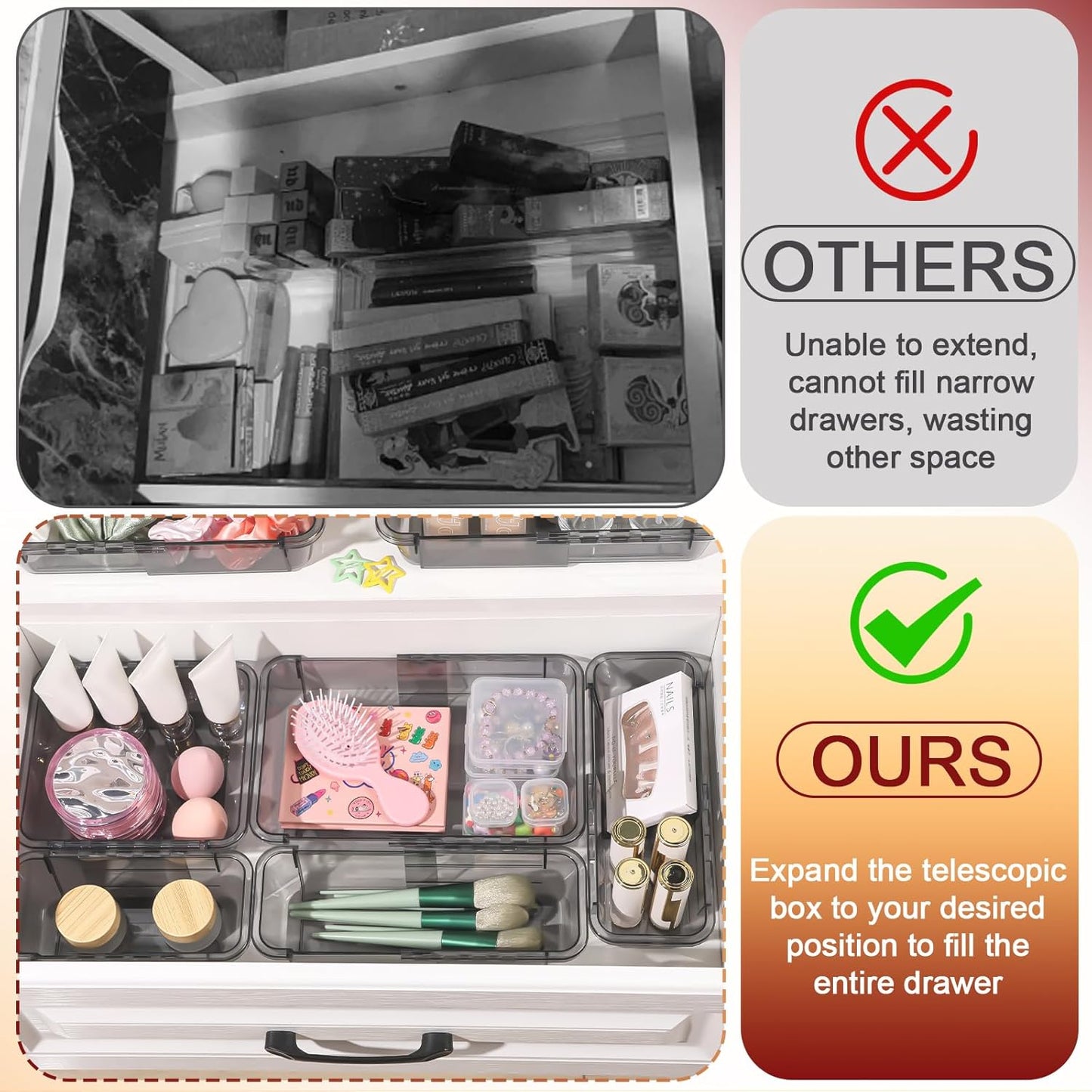 8 PCS Black Expandable Drawer Organizer, Medium Drawer Organizers and Storage, Vanity Dividers, Acrylic Storage Bins for Makeup, Jewelry Gadgets for Kitchen, Bedroom, Bathroom, Office