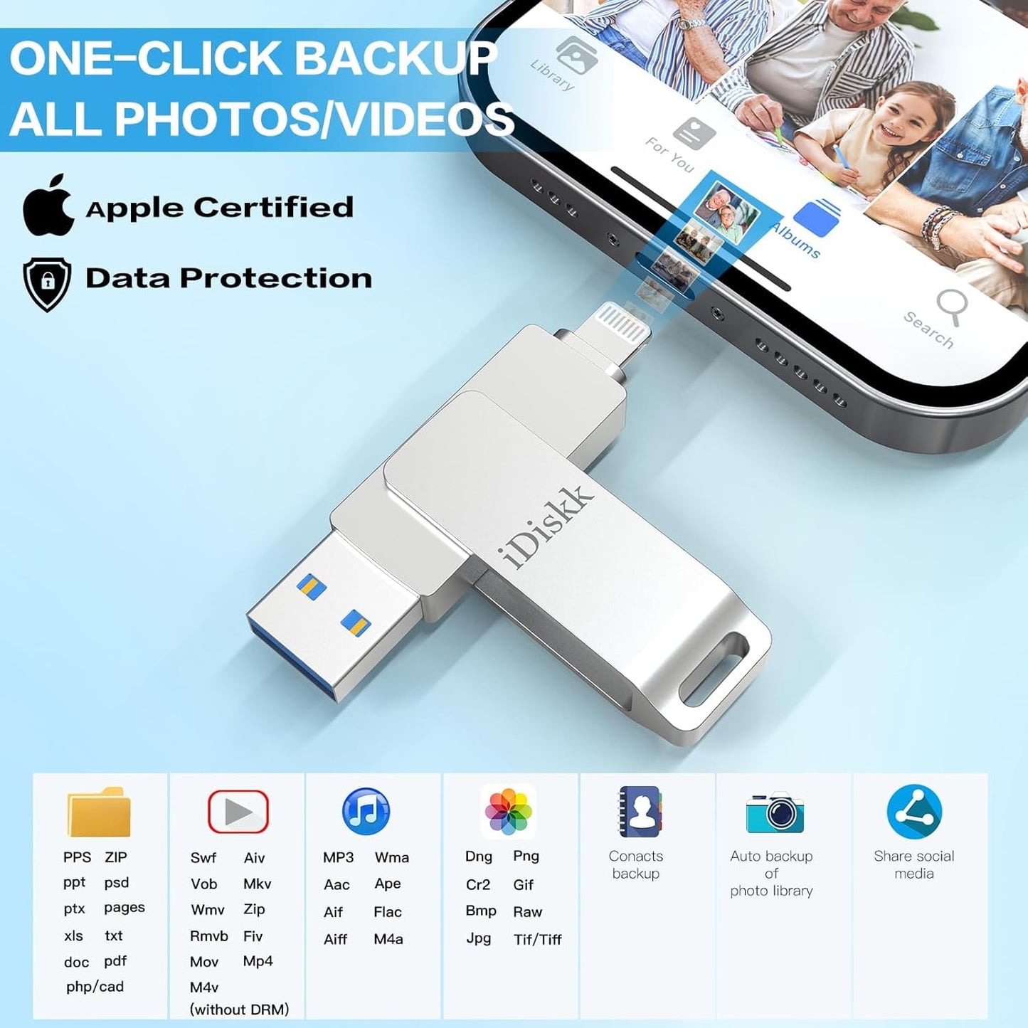 【App-le Certified 1T B】 iDiskk Photo Storage iPhone Flash Drive Photo Stick for iPhone (14/13/12/11 Pro/Plus/Pro Max,13/12 Mini,XR,XS,XS Max,X),Lightning iPad, MacBook/PC External USB Storage