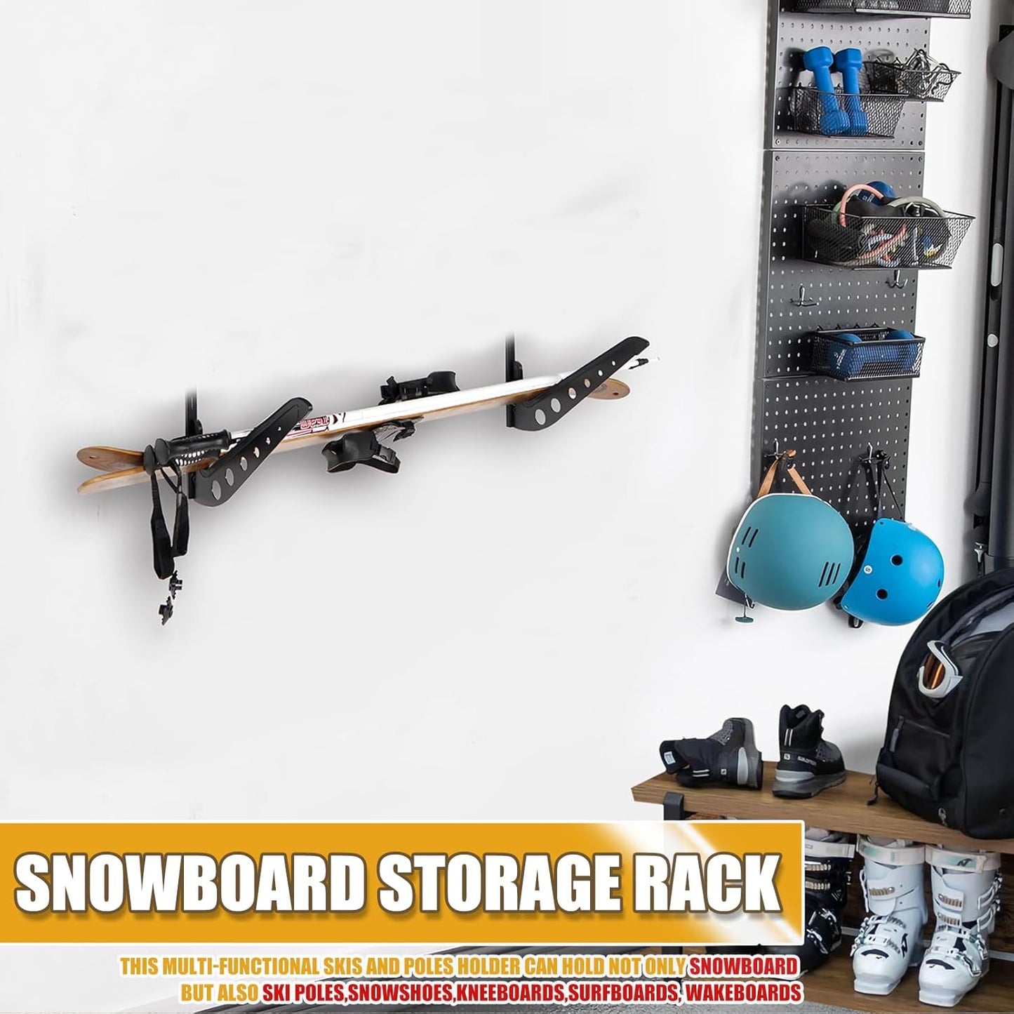 Snowboard Wall Racks, Adjustable Storage Rack for Ski, Surfboard, Wakeboard, Snowboard Wall Mount Display, White/Black