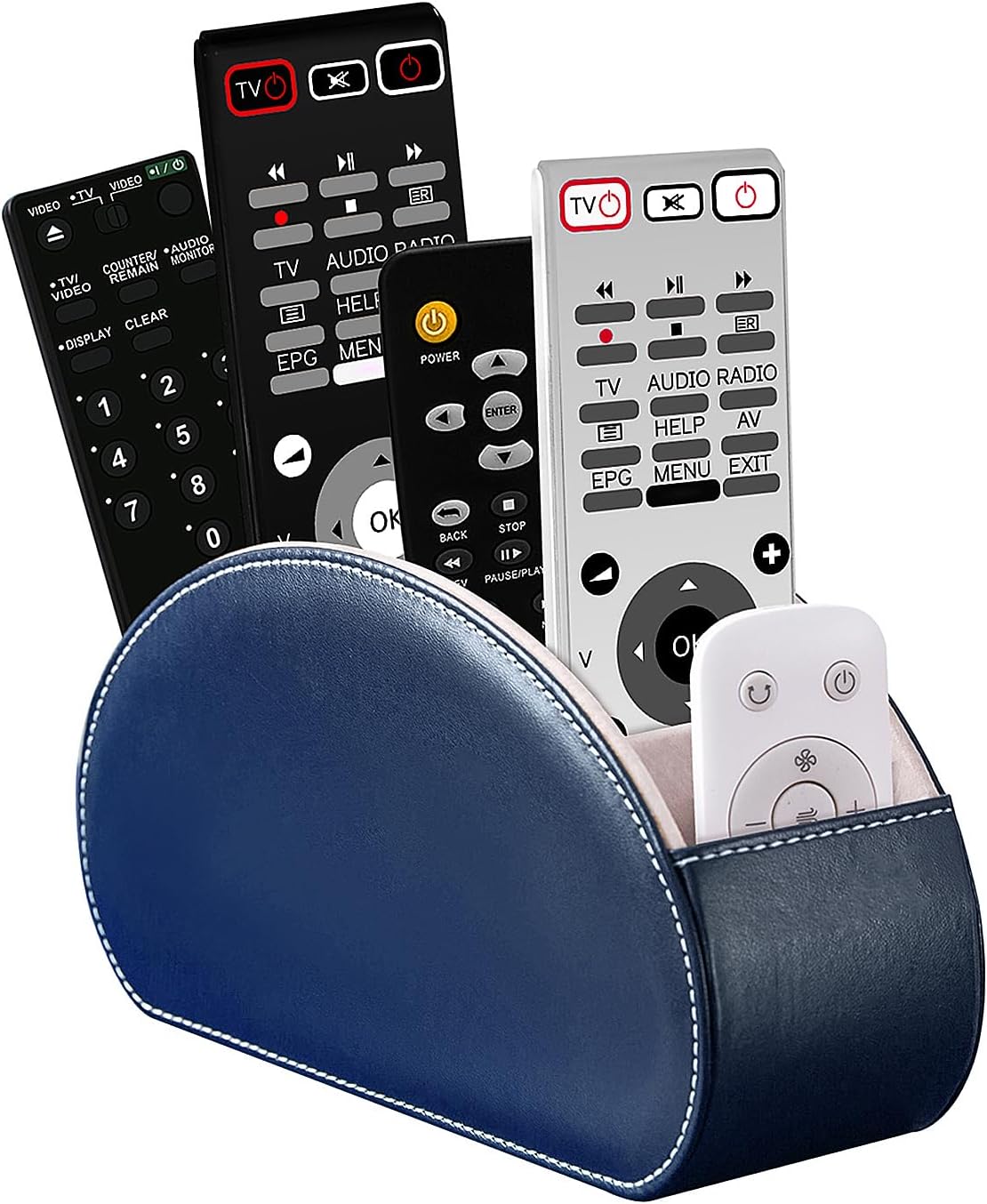 Remote Control Holders Organizer Box with 5 Compartment PU Leather Multi-functional Office Desk Storage Caddy Store Tv Remote for Media Player,Brush,Pencil,Glassees&Office Supplies (Dark Blue)