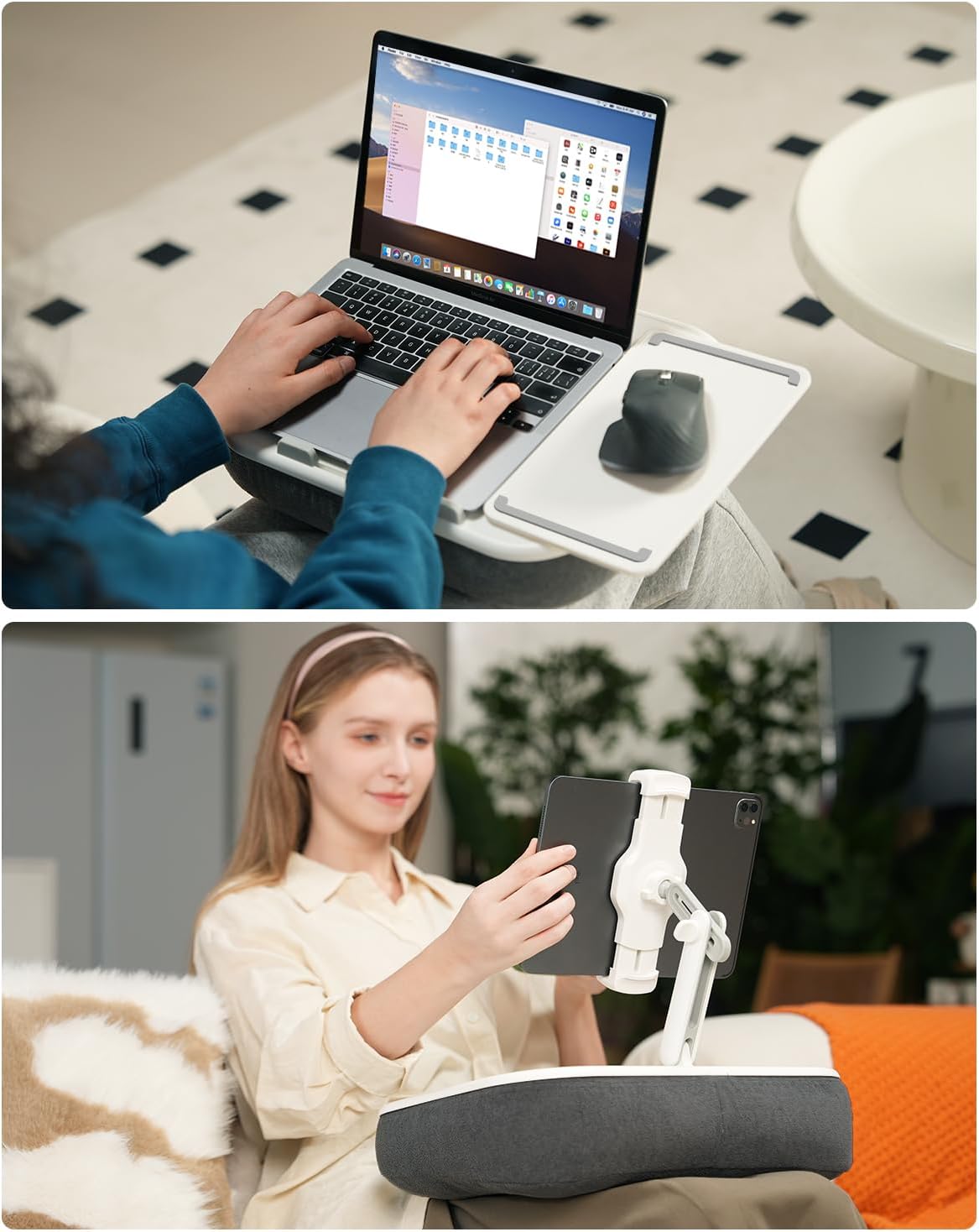 Viozon Kindle Pillow Stand Holder, Phone Holder for Bed, Laptop Lap Desk with Mouse Pad,Compatible with 4.7-13" Kindle/Tablet/Phone,10-15" Laptop, Snack Bowl&Cup Attachment&Detachable 360°Stand Arm