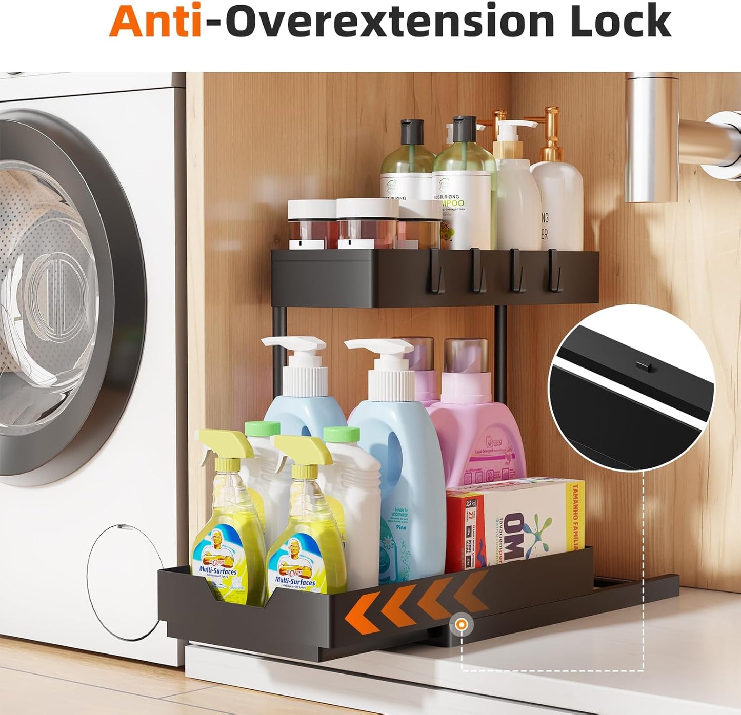 Simple Trending Under Sink Organizer 2 Pack, L-Shaped Sink Pull-Out Sliding Storage Cabinet, 2-Tier Under Shelf Organizer for Kitchen Bathroom with Hooks, Black