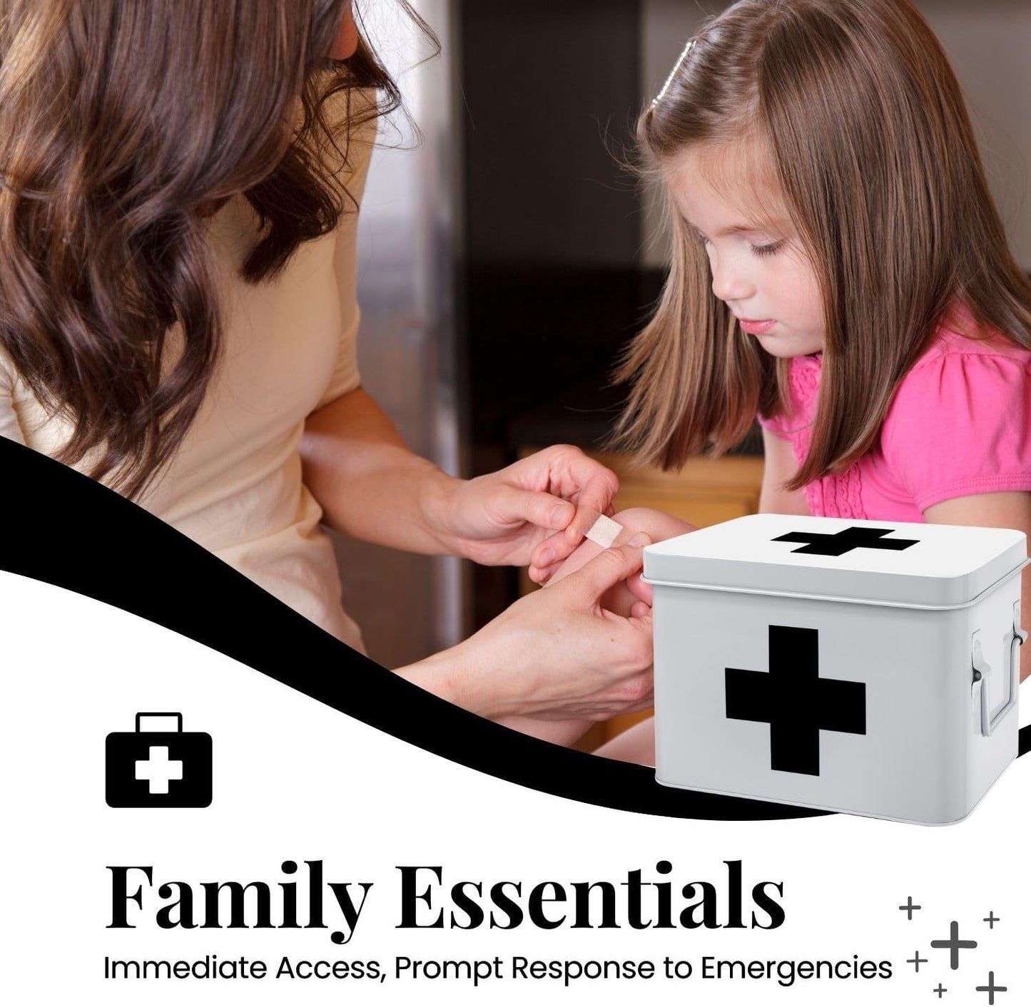 Flexzion First Aid Medicine Box Supplies Kit Organizer - Empty 8" White Metal Tin Medic Storage Bin Hard Case with Removable Tray Gold Cross, Vintage Antique Boxes for Home Family Emergency Tool Set