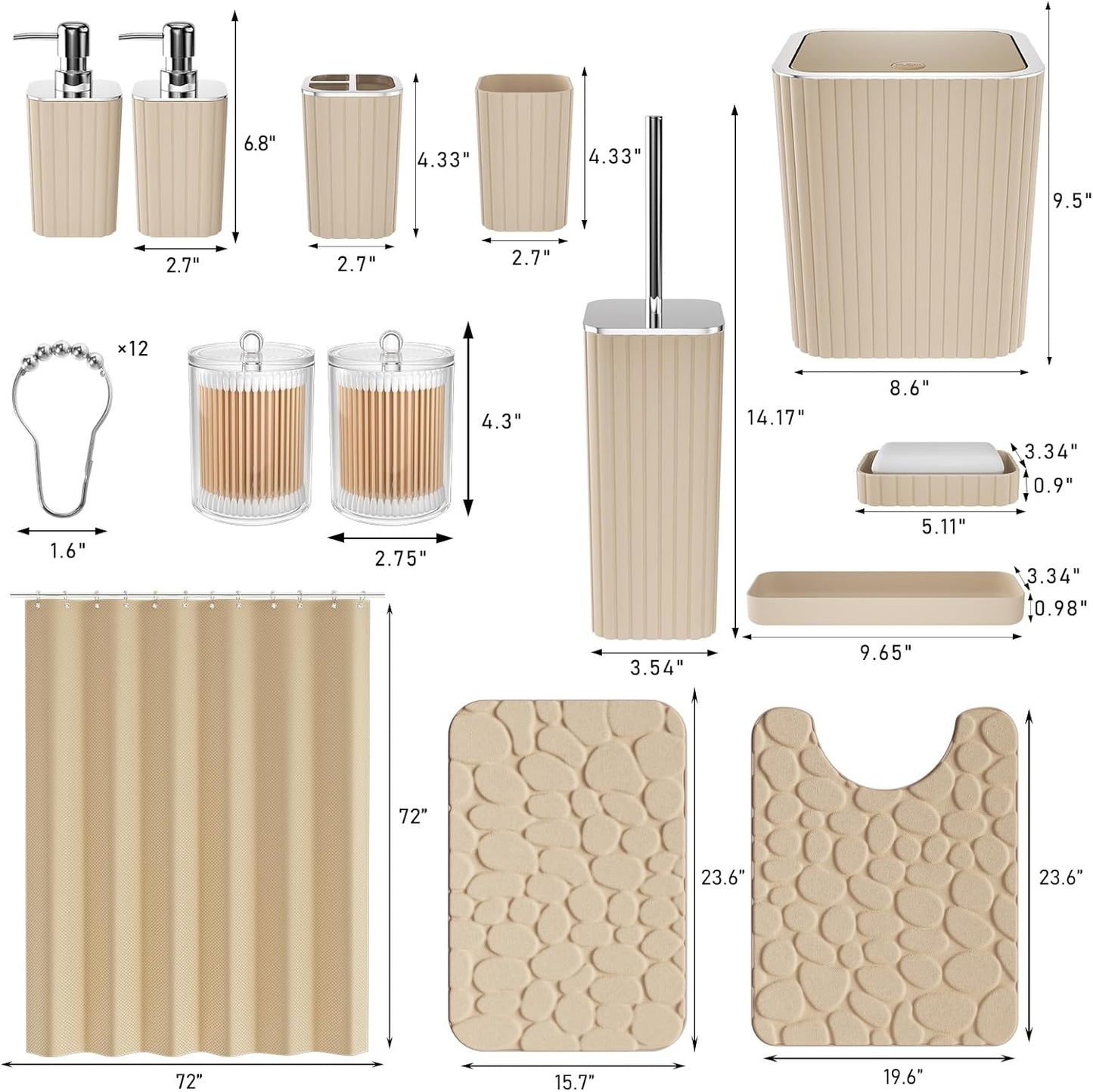 Bathroom Accessories Set - 25PC Bathroom Sets with Shower Curtain and Rugs, Beige Bathroom Set with Trash Can, Soap Dispenser, Soap Dish & Toilet Brush