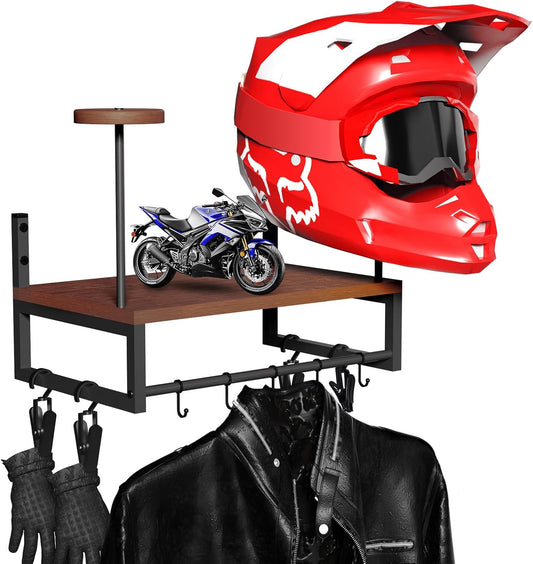 Helmet Holder Wall Mount, Retro Helmet Rack with Wooden Board, 2 Helmet Stands for Moto Gear Storage, Football Accessories Organizer, 4 Clips 5 Hooks for Hanging Gloves Keys, and Tactical Vests