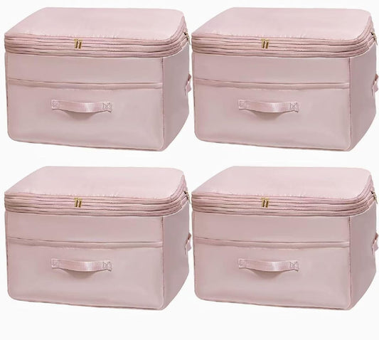 Ultra Space Saving Self Compression Organizers, 4 Pack Double Zipper Compression Packing Cubes for Bedding, Comforter Storage Bag for Blankets Duvet Quilts Pillows Queen King (Pink, X-Large)