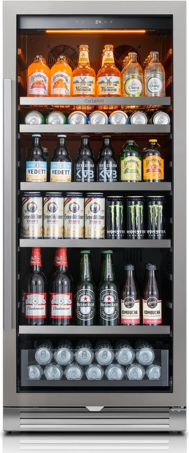 Ca'Lefort 24 Inch Beverage Refrigerator, 238 Cans Tall Beverage Fridge with Glass Door, 40-65°F Drink Fridge with 3 LED for Bar/Kitchen/Office, Freestanding or Built-In Beer Cooler for Beer/Soda/Wine