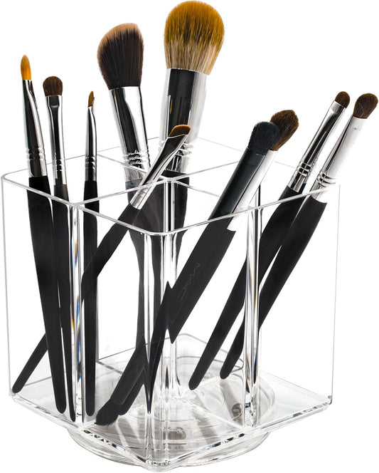 Clear Makeup Brush Holder,Acrylic Rotating 360°Makeup Brush Organizer,Pen holder with 4 Grids,Makeup Holder for Courtup,Containers for Desk,2pc