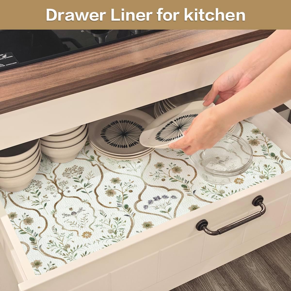 Drawer and Shelf Liner for Kitchen Cabinets Non-Adhesive Drawer Liners Strong Grip Floral Shelf Liners Non-Slip Cabinet Liner,Waterproof Kitchen Cabinet Liners for Shelves,12IN × 10FT
