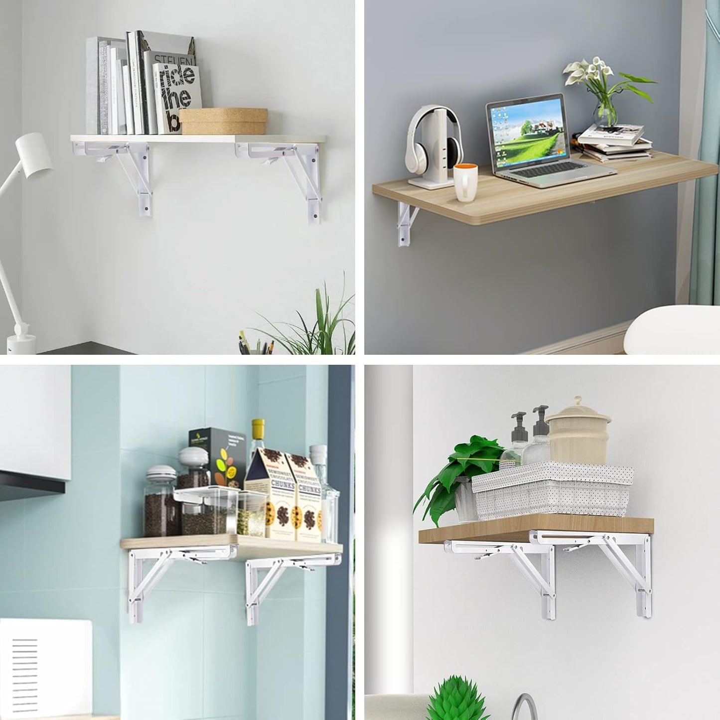 YUMORE Folding Shelf Bracket Heavy Duty, 12 Inch White Collapsible Shelf Bracket, DIY L Bracket for Workbench Folding Table Hinge, Max Load: 330lbs, 2 Pack