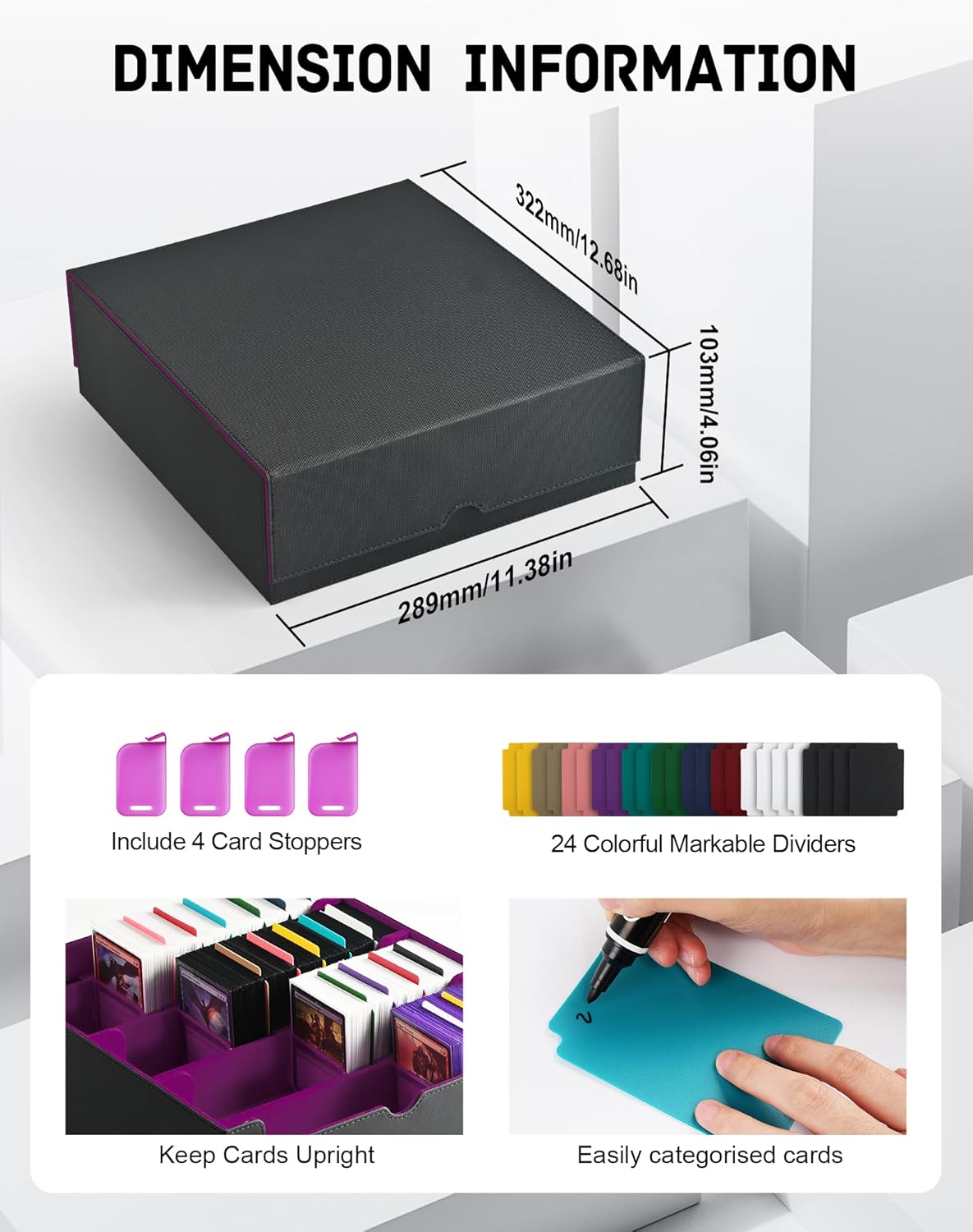 ZLCA Card Storage Box for MTG PTCG, Commander Deck Box Holds 3200+ Cards, Trading Card Storage Case with 4 Stoppers, Card Organizer for TCG Sport Cards(Black&Purple)