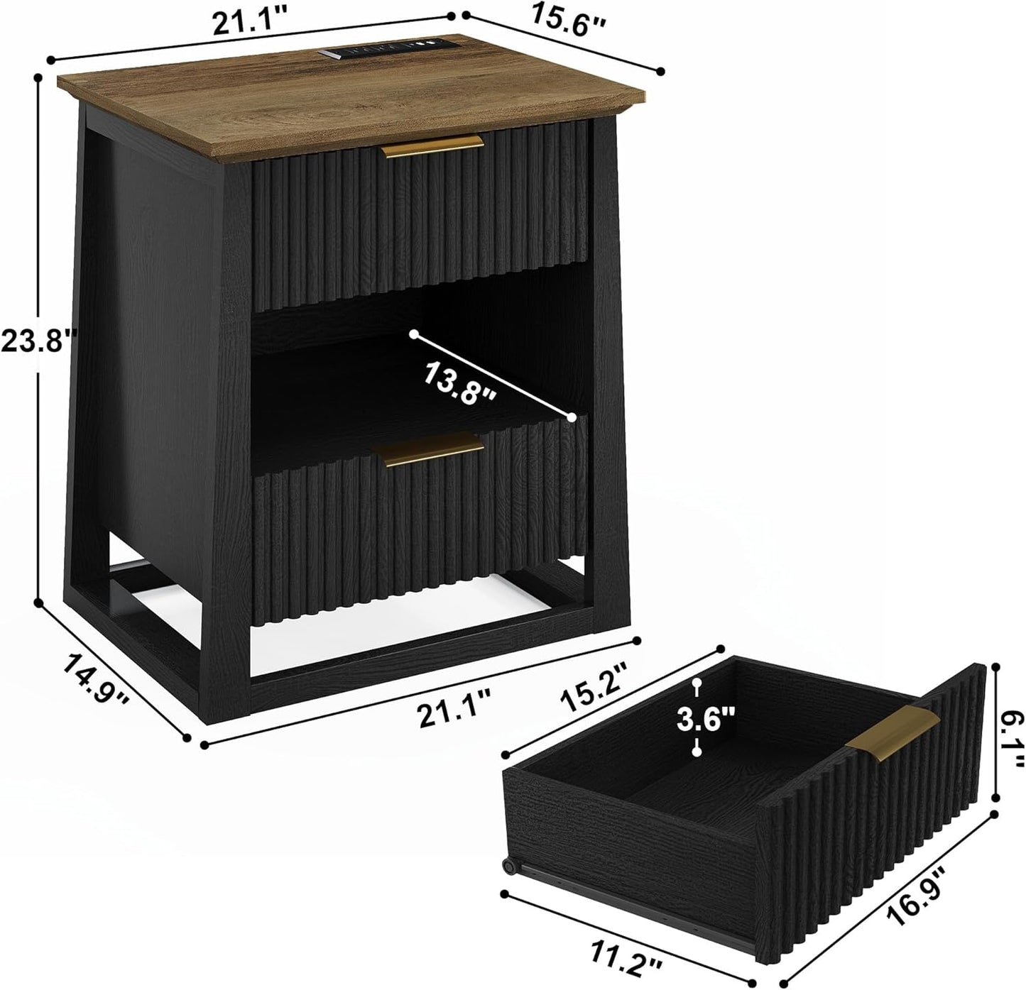 HIFYOBRO Fluted Nightstands with Charging Station & Motion Sensor Light, Modern Bedside Tables with 2 Drawers and Storage Shelf for Bedroom, Black