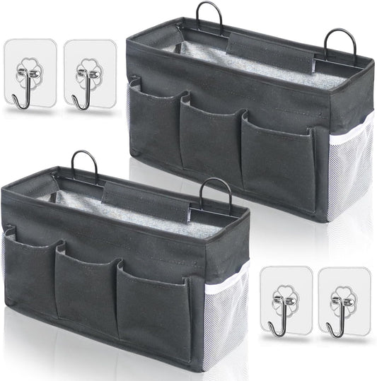 2pcs 3-pockets Large Wall Hanging Organizer Bag, Linen Fabric Door Hanging Storage Baskets with Pockets, Waterproof Bin for Kitchen, Bedroom, Office, RV Camper (Black-2pcs)
