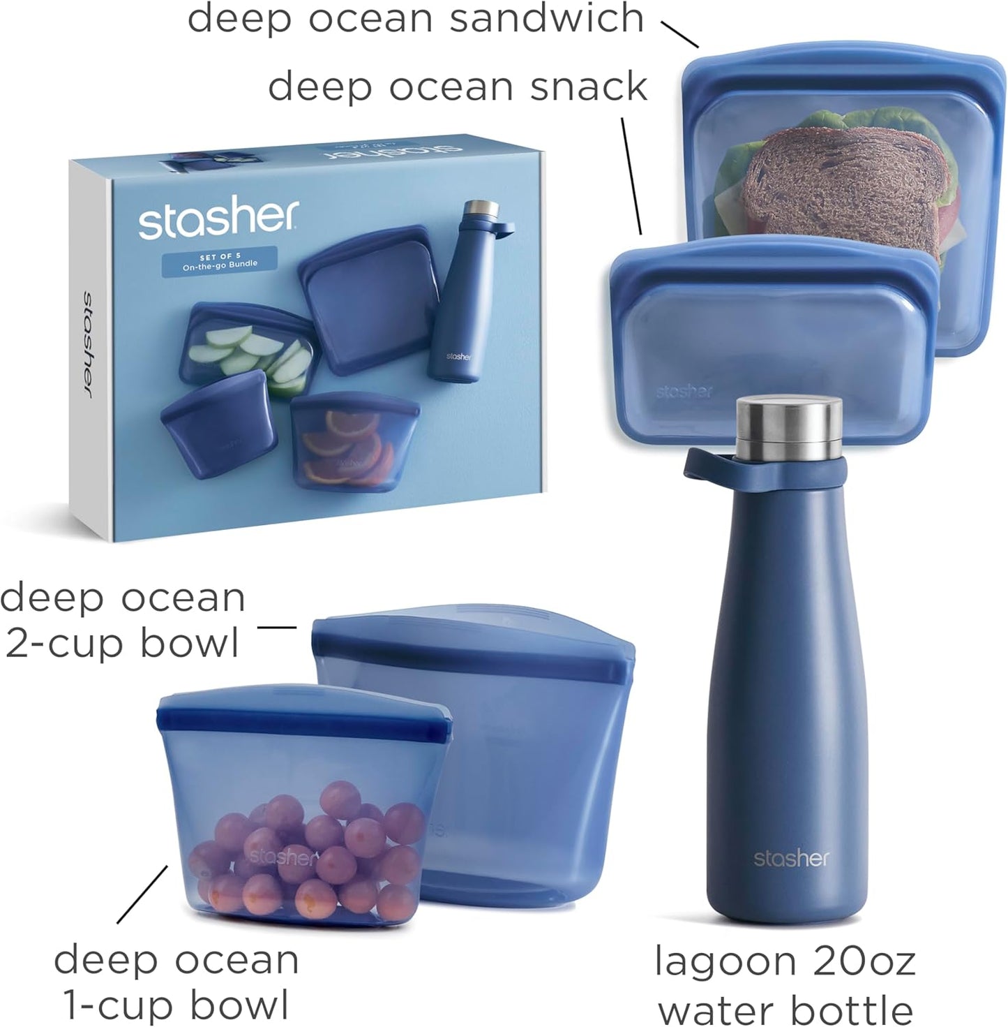 Stasher On-The-Go Boxed Starter Kit 5-Pack, Premium Silicone Reuseable Food Storage Bags, Deep Ocean, Water Bottle, Multi-Use Travel Containers, BPA Free, Leak-free, Dishwasher Safe, Eco-Friendly