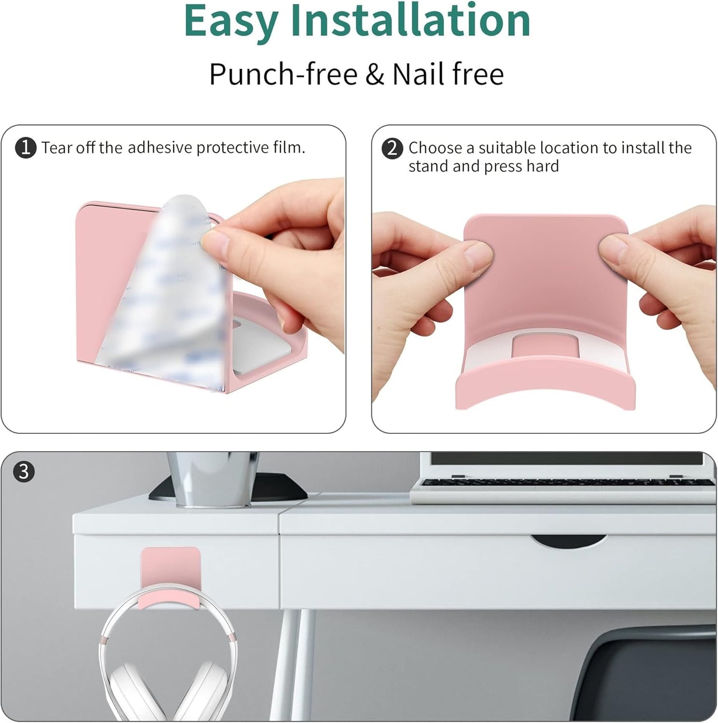 HomeMount Headphone Stand Headset Holder - Adhesive Gaming Headphone Hanger Hook Desk Mount for Most Headphone & Controller (Pink 2Pack)