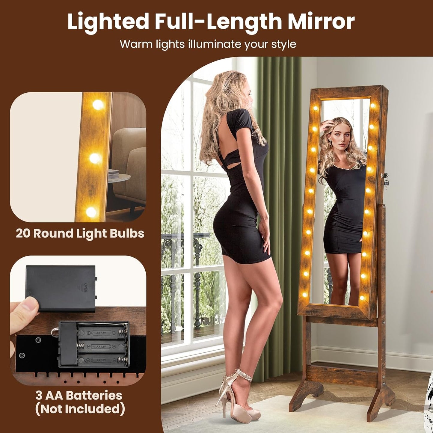 Giantex Standing Jewelry Armoire with Lighted Full Length Mirror, Lockable Jewelry Cabinet Organizer with 20 LED Lights, Adjustable Tilt, Large Storage for Earrings, Rings, Necklaces, Rustic Brown
