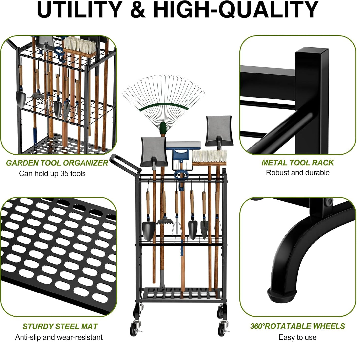 Garden Tool Organizer with Wheels, Yard Tool Tower Rack for Garage Organization and Storage, Up to 35 Long-Handled Tools,Metal Tool Holder with 6 Hooks, Black