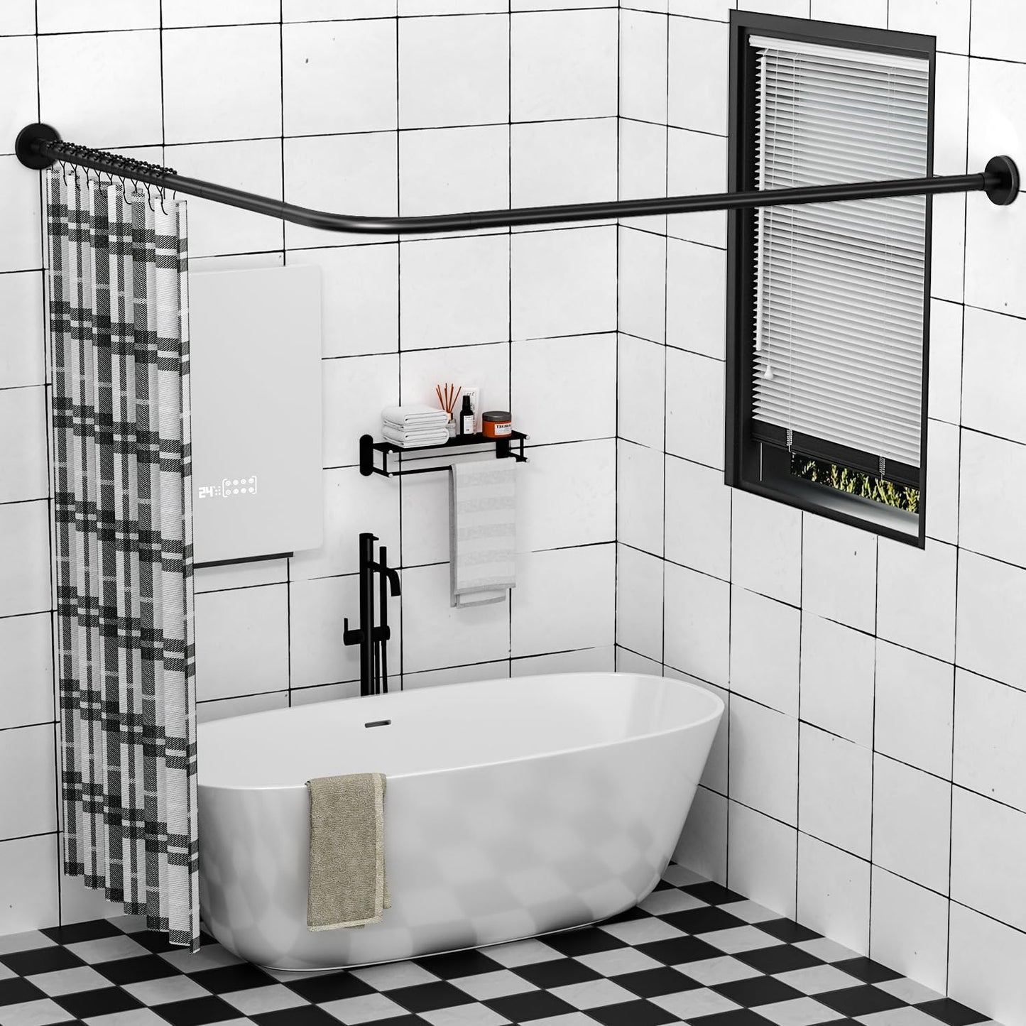 Stretchable 304 Stainless L Shaped Bathroom Bathtub Corner Shower Curtain Rod Rack (Black 24"-69" x 24"-85", Maximum size 114''), Drill Free Install, for Bathroom,Clothing Store,Private space