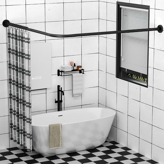 Stretchable 304 Stainless L Shaped Bathroom Bathtub Corner Shower Curtain Rod Rack (Black 24"-69" x 24"-85", Maximum size 114''), Drill Free Install, for Bathroom,Clothing Store,Private space
