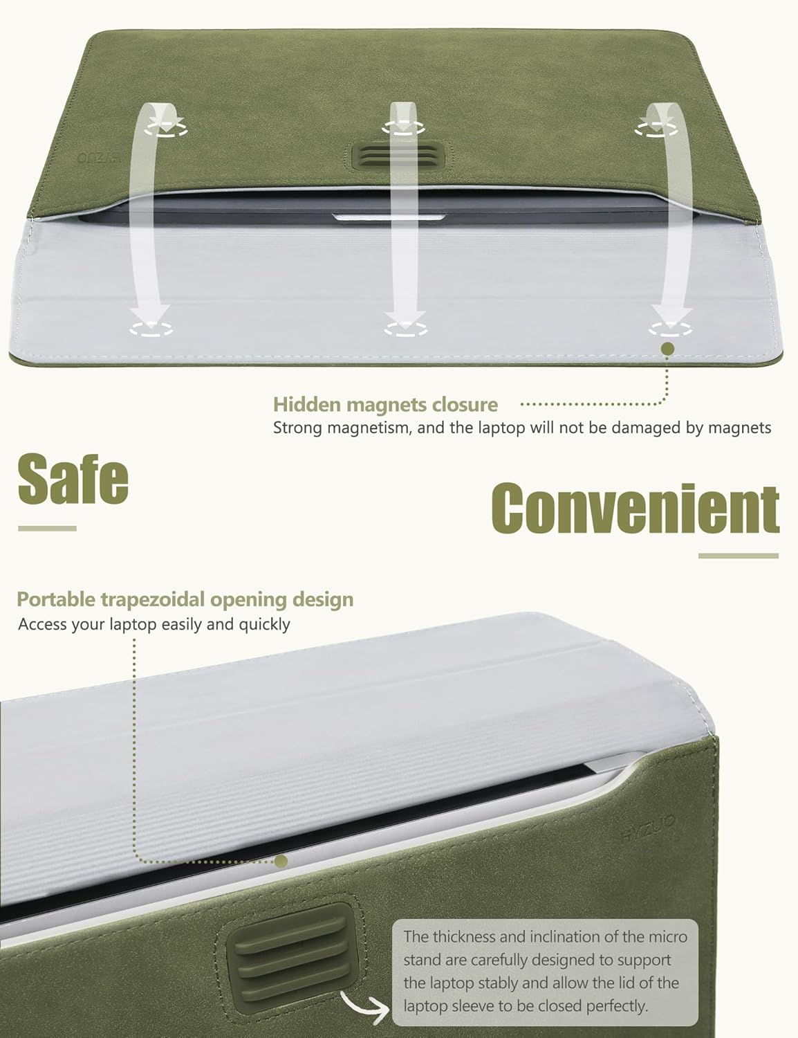HYZUO 13 Inch Laptop Sleeve with Stand Feature for MacBook Air 13 M4 M3 M2 M1 2025-2018, MacBook Pro 13 M2 M1, 13" iPad Pro/Air, Surface Pro, with Carry Bag, Olive Green
