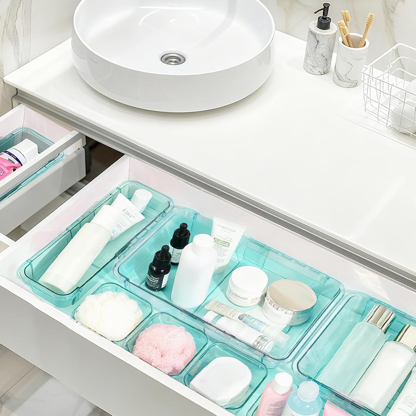 14 Pcs Adjustable Clear Drawer Organizer, Extendable Vanity Storage Bins, Desk Drawer Organizer Set for Makeup, Cosmetics, Bedroom, and Gadgets, Blue