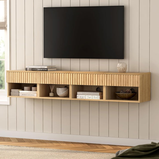 Floating TV Stands Set of 4 with Drawer and Open Shelf, Small Wall Mounted Bedside End Table, Modern Fluted Night Stand for Bedroom, Living Room, Natural Oak