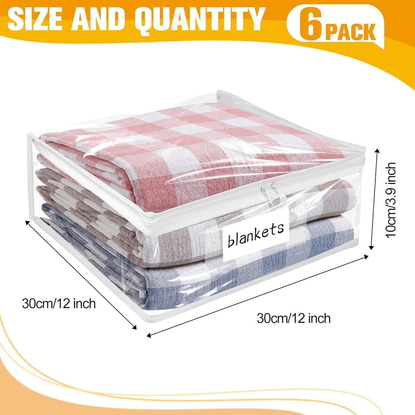 Plastic Storage Bags with Easy-Glide Zipper, Pack of 6, Durable Clear Vinyl Zippered Storage Bags for Clothes Sweaters Comforters Blankets Sheets Bedding (12 x 12 x 3.9 Inch)