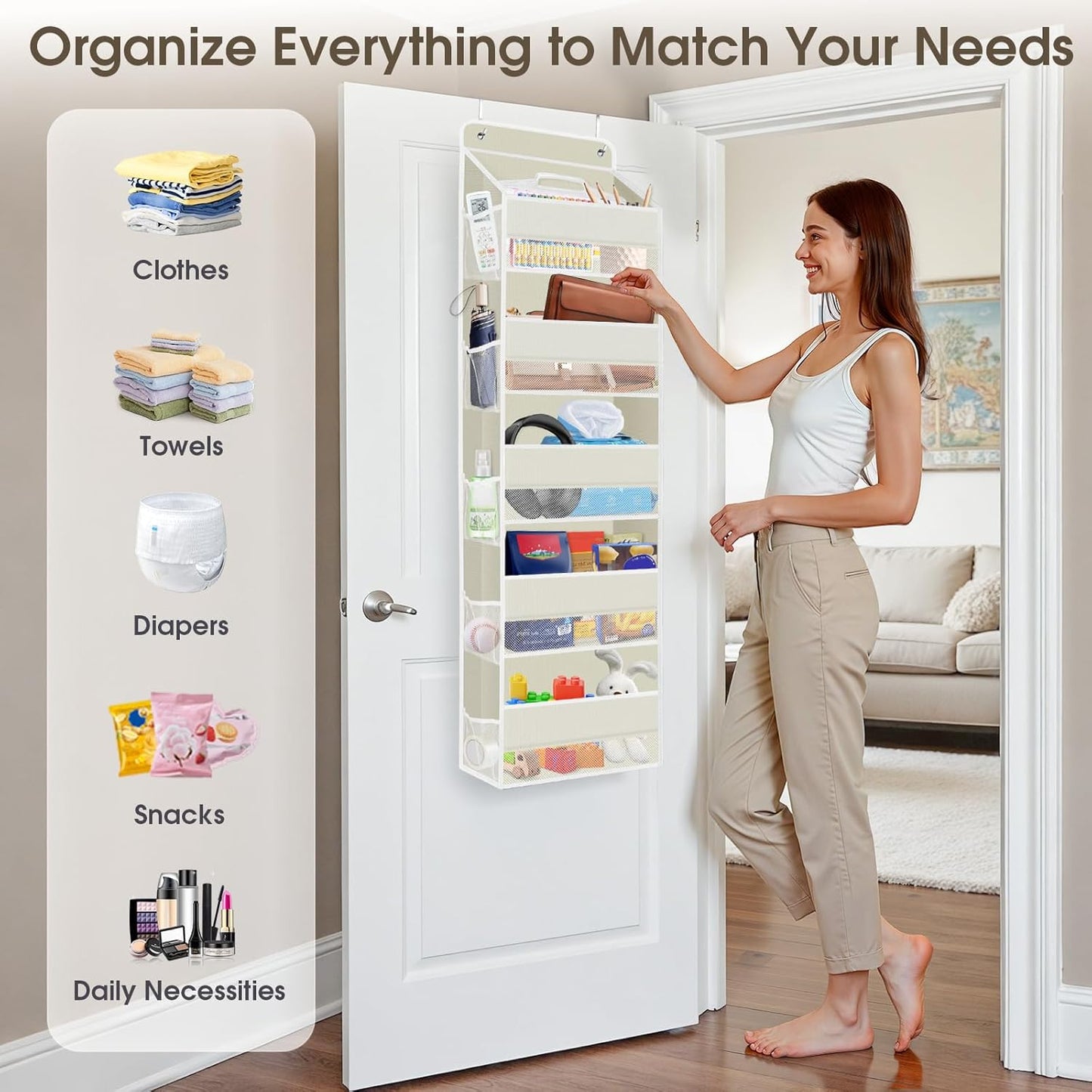 2 Pack Over The Door Organizer, Hanging Storage Organizer with Clear Window, 40lb Ultra Sturdy Large Capacity Room Organizer for Pantry Laundry Bathroom Nursery Closet (Beige)