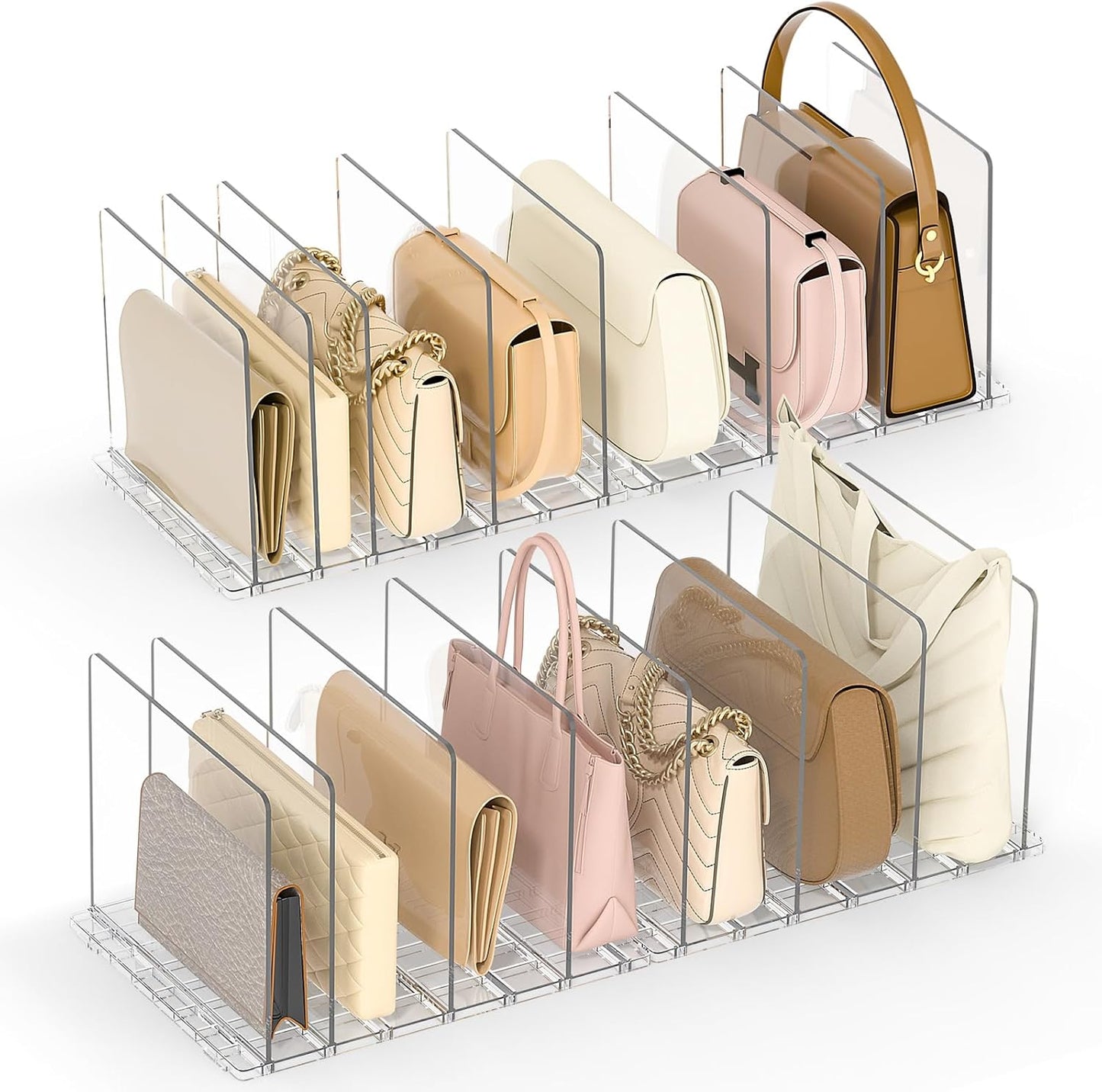 Bag Purse Organizer for Closet: Shelf Dividers Adjustable Acrylic Handbag Storage - Plastic Closet Organizers and Storage for Clutches - Keep Carteras & Pocketbook Upright