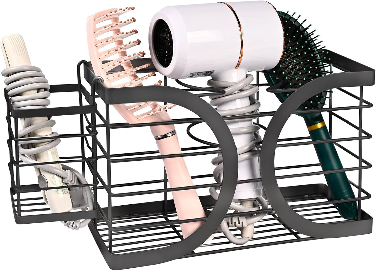 Elegant Black Wall Mounted Hair Dryer Holder - Stylish Bathroom Organiser for Hair Dryer & Straightener, Hair Brush & Accessories