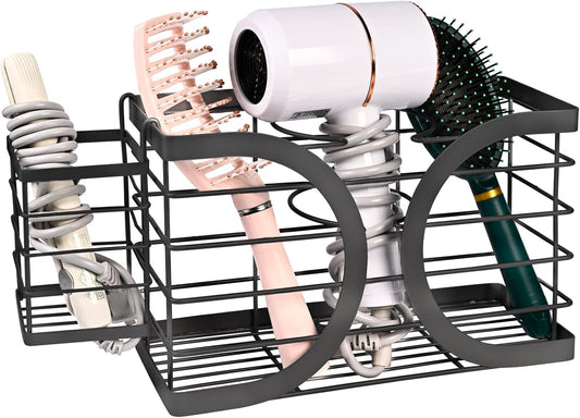 Elegant Black Wall Mounted Hair Dryer Holder - Stylish Bathroom Organiser for Hair Dryer & Straightener, Hair Brush & Accessories