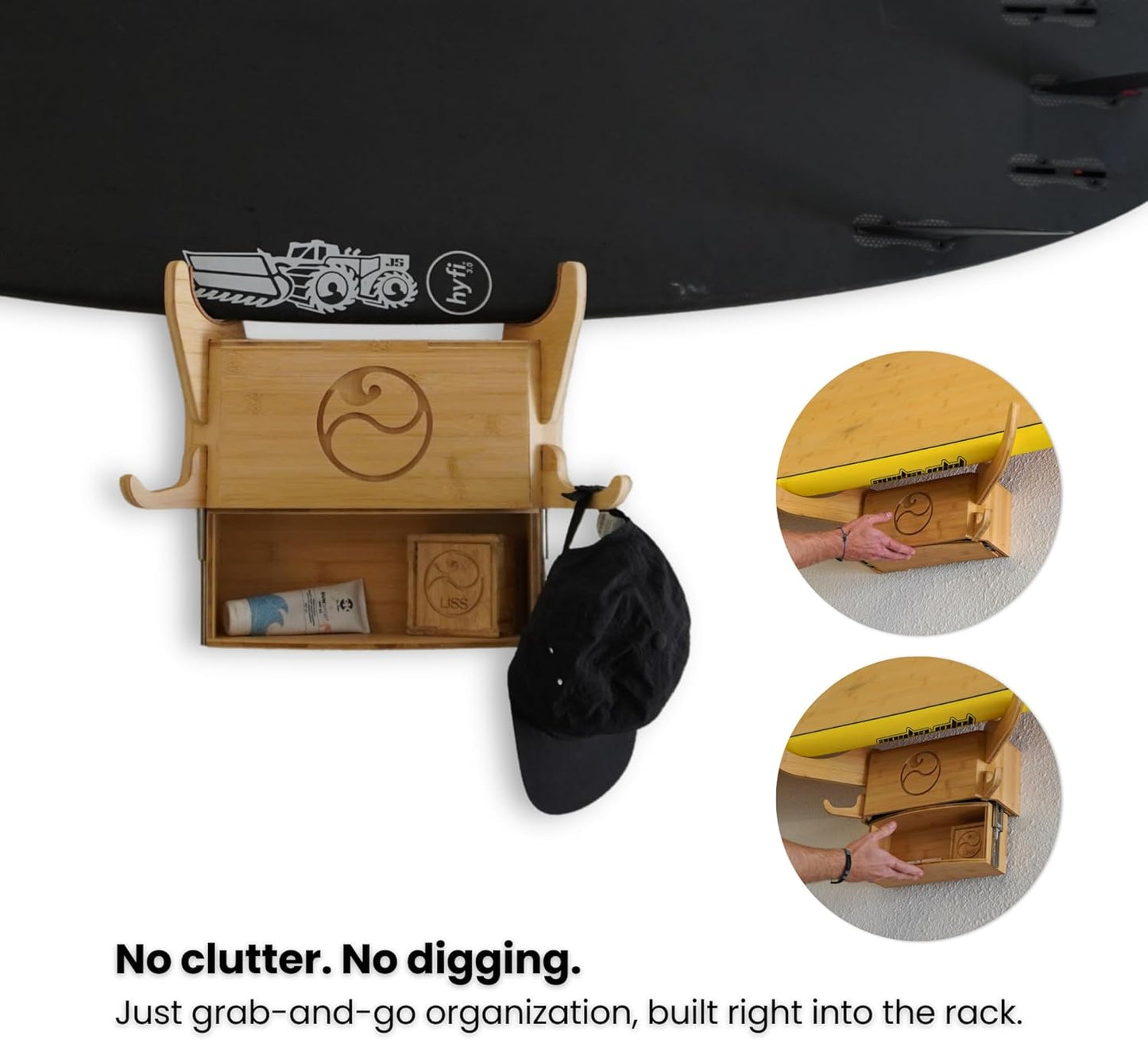 LISS Solo Rack – Wall Mount Surfboard Holder for ONE Board – Bamboo Board Rack with Interchangeable Arms & Hidden Storage Drawer – Fits Shortboards, Longboards, SUPs, Wakeboards, Snowboards up to 12ft