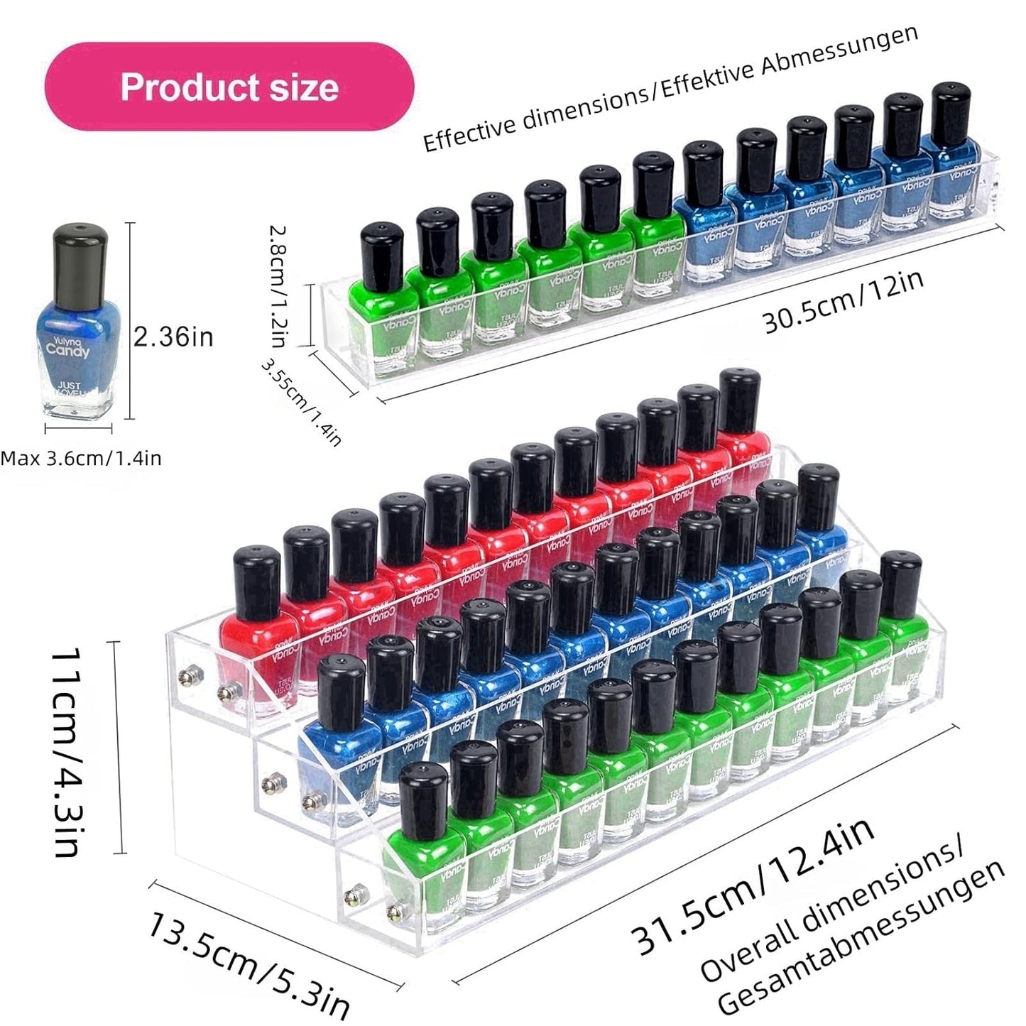 Acrylic Nail Polish Organizer Rack, 3 Tier Paint rack and Storage Shelf, Clear Display Stand for Tattoo Inks, Sunglasses, Essential Oils, Gel Nail Polish - Holds 36 Bottles