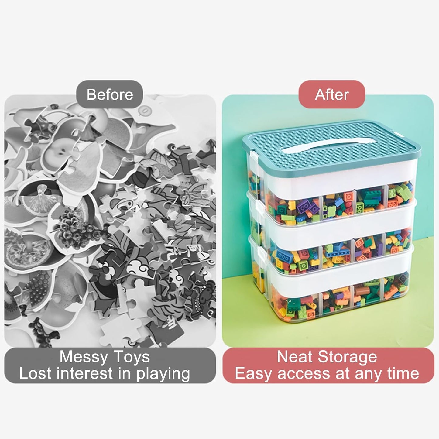 Toys Organizer Storage Case for Lego Box Kids Toy Stackable Building Blocks with Lids Bins Adjustable Lego Storage Containers Plastic Toy Box Green 2 Layers