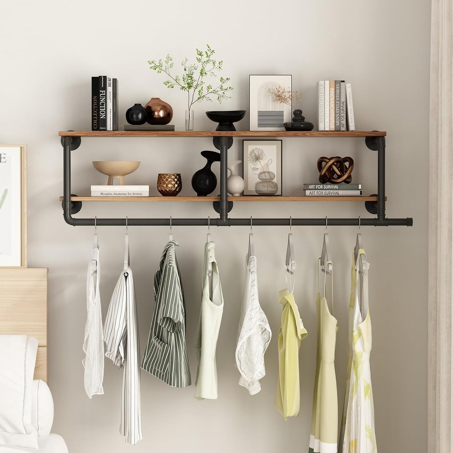 ORSENIGO Industrial Pipe Clothing Rack with Shelves, Black Wall Mounted Clothes Rack Heavy Duty Display Garment Rack for Home Retail
